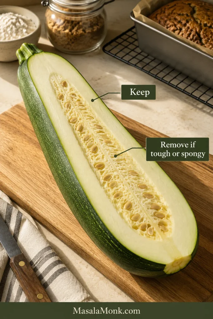 Large mature zucchini cut lengthwise to show firm usable outer flesh and a pale, seeded central cavity that may need removing.