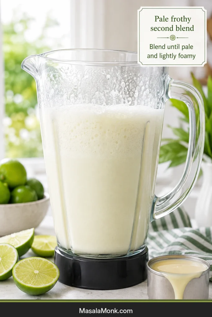 Clear blender jar filled with pale, lightly foamy Brazilian lemonade after the second blending stage.