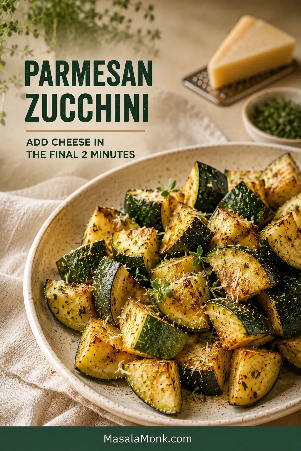 Browned zucchini chunks lightly coated with finely grated Parmesan, with a cheese wedge and metal grater in the background.