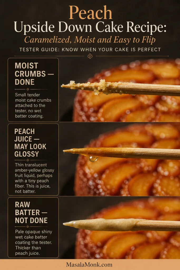 Three cake testers showing small moist baked crumbs, thin translucent peach juice and thick pale shiny raw cake batter for comparison.