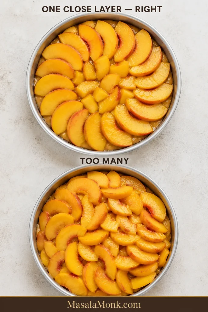 Two round cake pans viewed from above: one filled with a single close layer of overlapping peach slices and another overloaded with peaches stacked in multiple layers.
