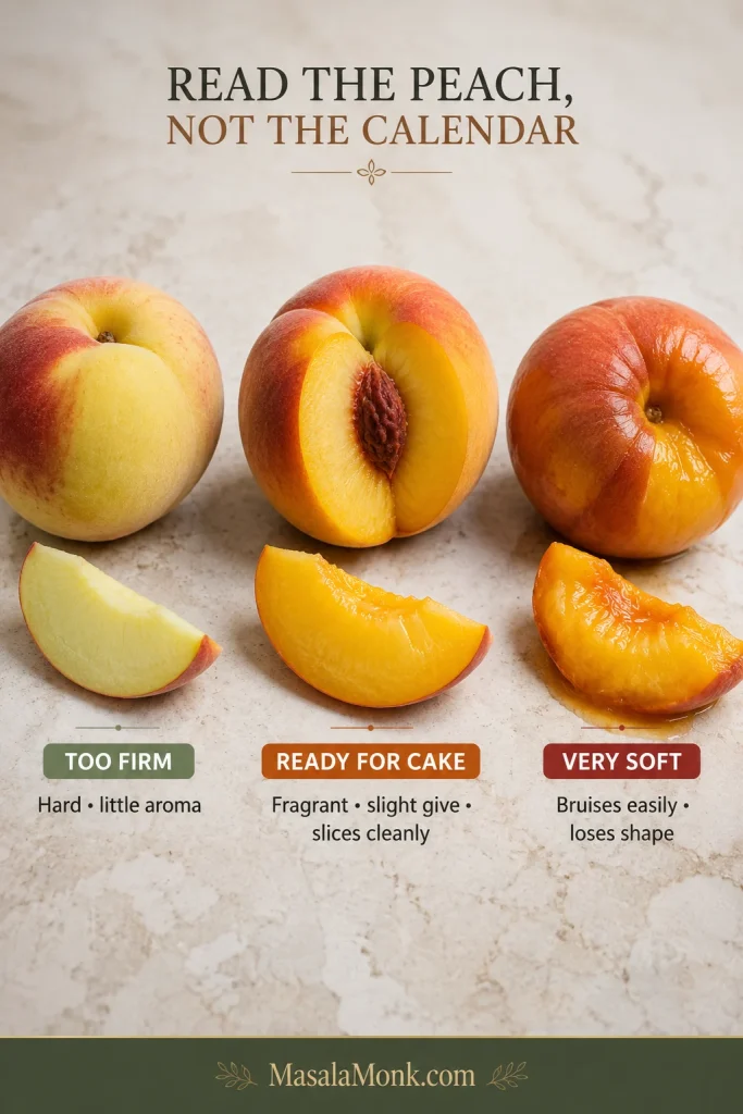 Three peaches showing different ripeness levels: a firm peach with pale flesh, a ripe peach with juicy orange-yellow flesh that slices cleanly, and a very soft peach with softer edges and more visible juice.