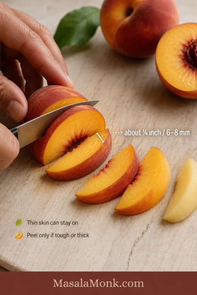 A peach being cut into wedges about one-quarter inch thick beside several peach slices, including slices with the natural skin left on.