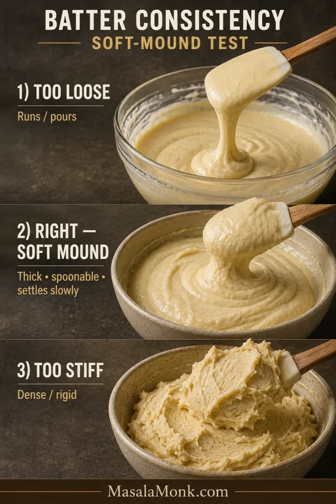 Three bowls showing cake batter that is too loose and runny, correctly thick and spoonable in a soft mound, and too stiff with rigid peaks.