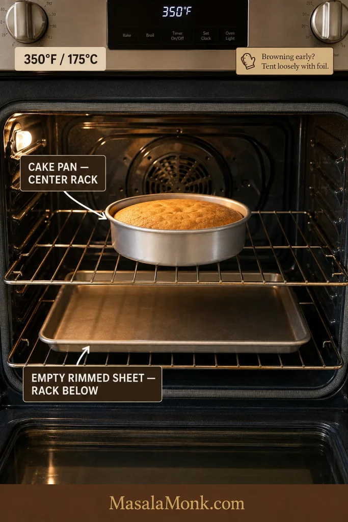 Open home oven with a round light-metal cake pan containing a plain golden cake on the center rack and an empty rimmed baking sheet on the rack below at 350°F / 175°C.