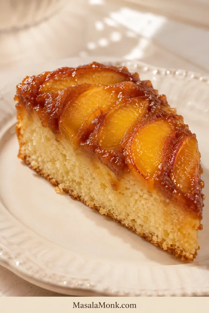 Close-up wedge of peach upside down cake showing glossy caramelized peaches, a thin moist layer beneath the fruit and a fully baked pale golden cake crumb.