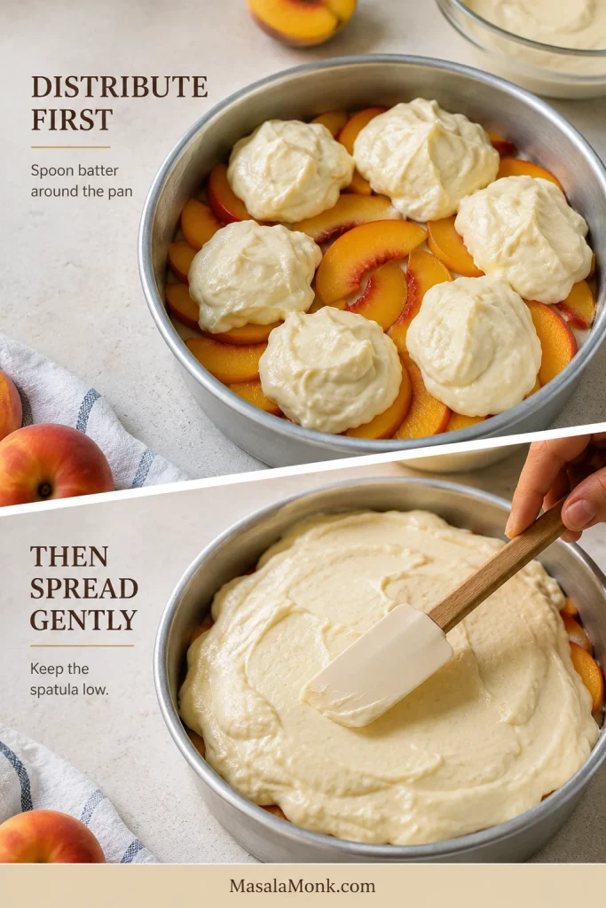 Two-step view of thick cake batter first spooned in several mounds over peaches in a round pan and then gently spread across the surface with a spatula.