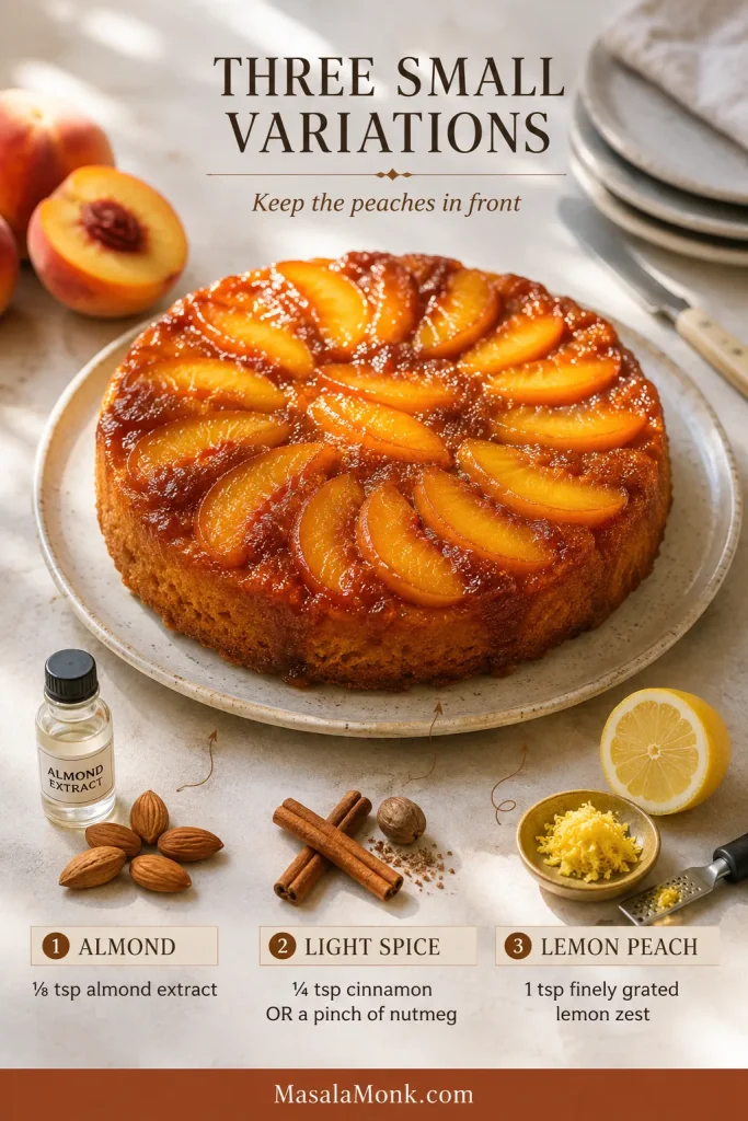 Peach upside down cake surrounded by three flavor variation cues: almond extract and almonds, cinnamon and nutmeg, and lemon with finely grated zest.