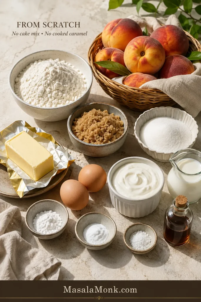 Fresh peaches, butter, brown sugar, granulated sugar, flour, two eggs, sour cream, milk and vanilla arranged on a light work surface for peach upside down cake.