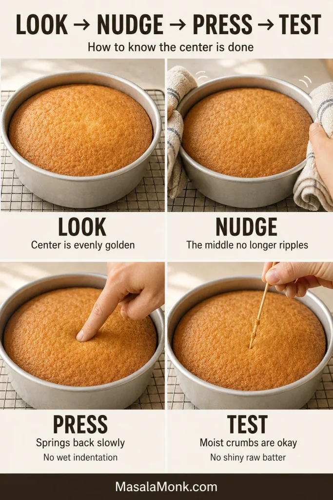 Four-step doneness guide showing a golden cake surface, a pan being gently nudged with heat protection, a fingertip lightly pressing the center and a tester carrying moist crumbs but no raw batter.