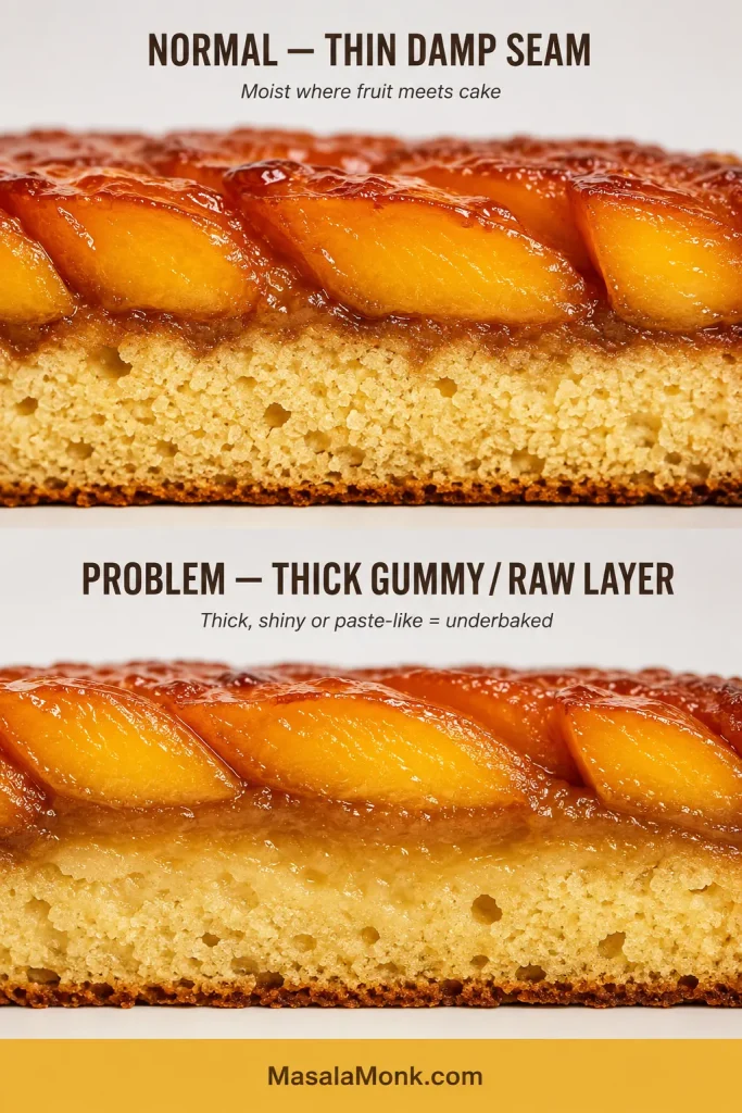 Two cake cross-sections comparing a thin moist seam directly beneath caramelized peaches with a much thicker shiny gummy layer in an underbaked cake.