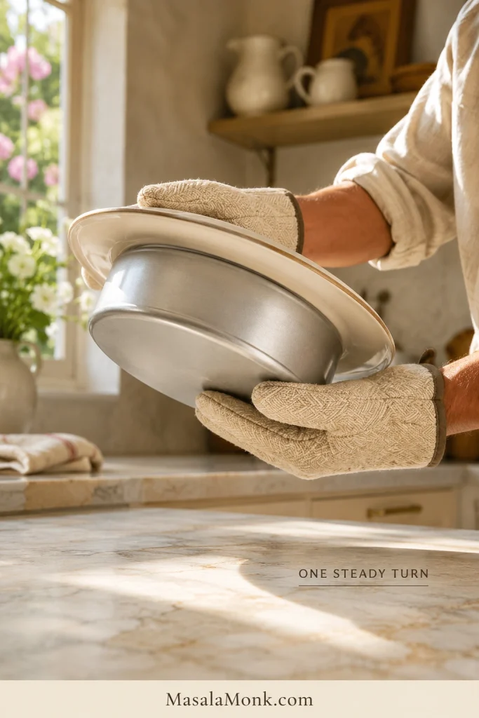 Hands in oven mitts holding a round metal cake pan tightly against an ivory serving platter while turning them together to invert the cake.