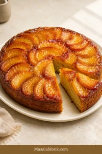 Round peach upside down cake on an ivory platter with glossy caramelized peach slices arranged across the top and one wedge removed to show the pale golden cake crumb.