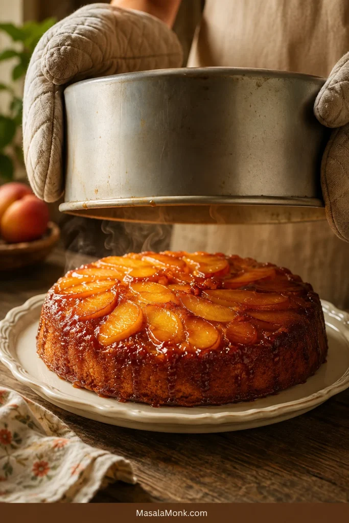 Two hands wearing oven mitts lifting a round metal cake pan straight upward to reveal a glossy caramelized peach upside down cake on an ivory platter.