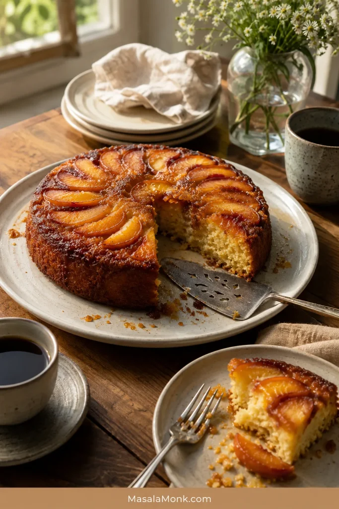Partly served peach upside down cake on a platter with several wedges removed, a cake server, scattered crumbs, coffee and a partially eaten slice on a small plate with a fork.