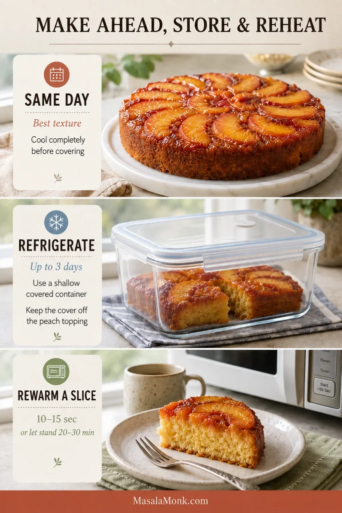 Three-part storage guide showing a cooled whole peach upside down cake, leftover slices in a shallow covered container with space above the topping, and one plated slice beside a microwave for gentle reheating.