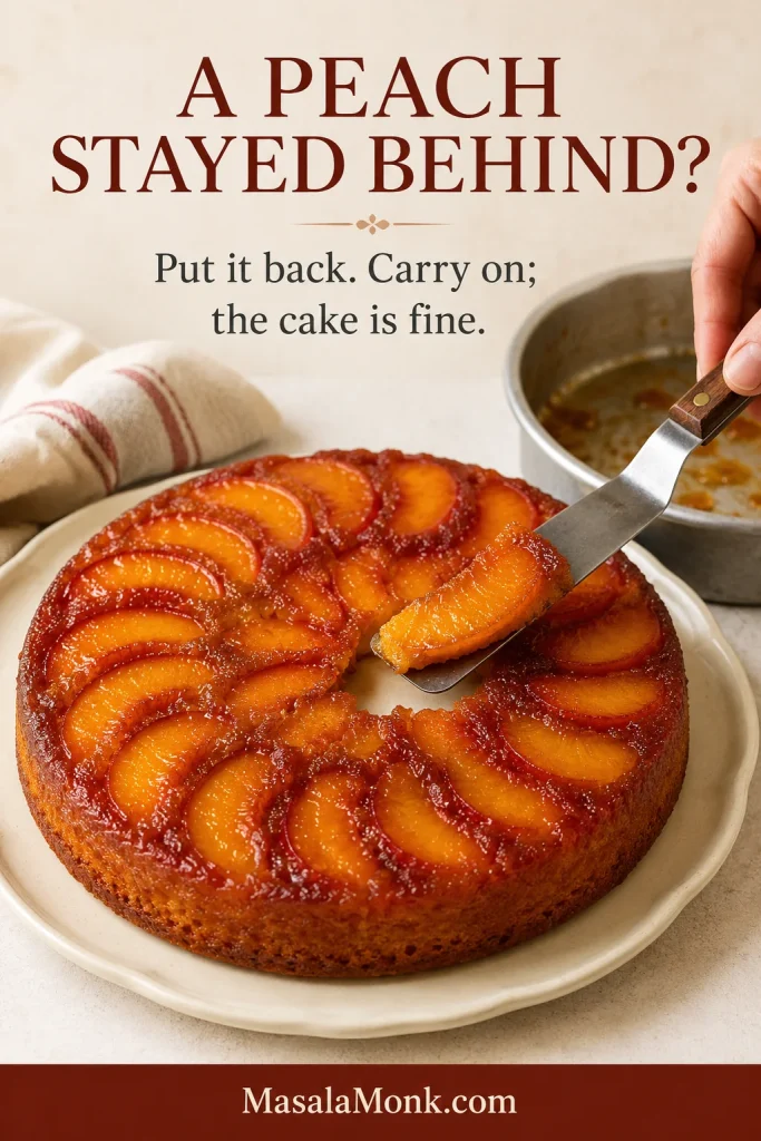 Finished peach upside down cake with one peach-shaped gap while a single caramelized peach slice is returned to the gap with a small offset spatula.