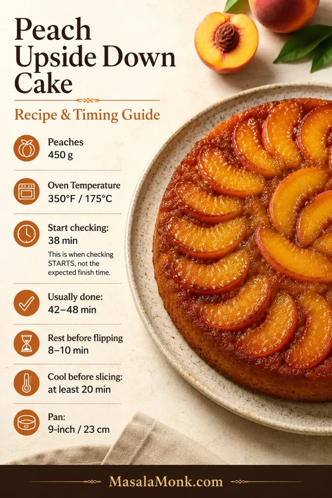 Peach upside down cake timing guide showing 450 g peaches, 350°F / 175°C, first doneness check at 38 minutes, usual bake time of 42–48 minutes, an 8–10 minute rest before flipping, at least 20 minutes of cooling and a 9-inch pan.
