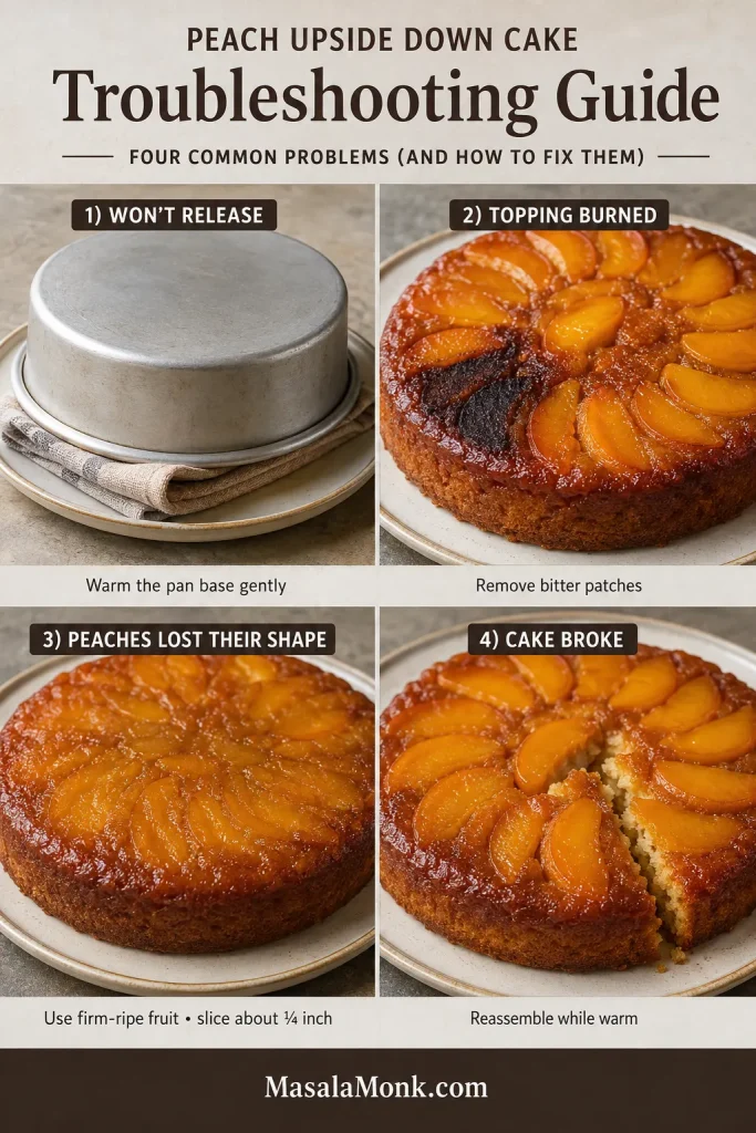 Four-panel peach upside down cake troubleshooting guide showing a cake stuck beneath an inverted pan, a localized burned caramel patch, peach slices that have lost their shape and a cake with an accidental crack after flipping.