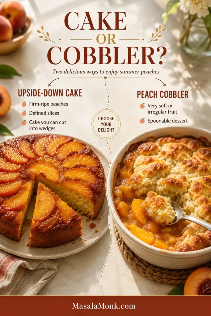 Side-by-side peach desserts showing a sliced peach upside down cake with defined caramelized fruit and a peach cobbler with soft peach filling and golden biscuit-style topping.