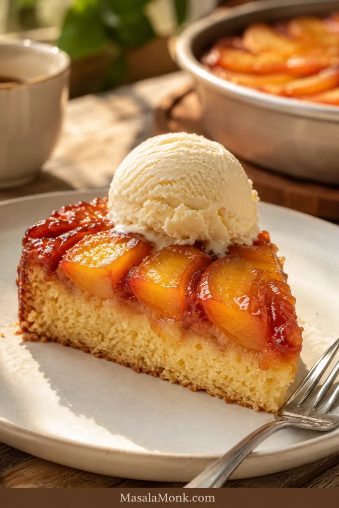 Slice of peach upside down cake on a cream plate topped with one scoop of vanilla ice cream beginning to soften over the glossy caramelized peaches.