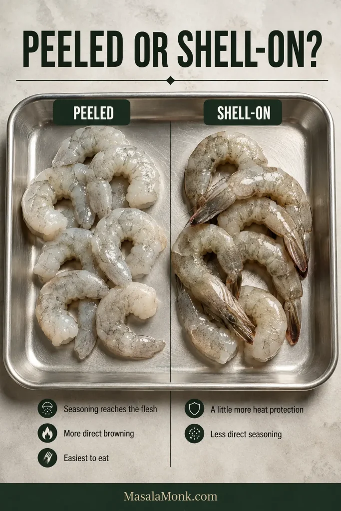 Side-by-side raw shrimp comparison showing peeled and deveined shrimp on one side and similar-sized shell-on shrimp on the other.