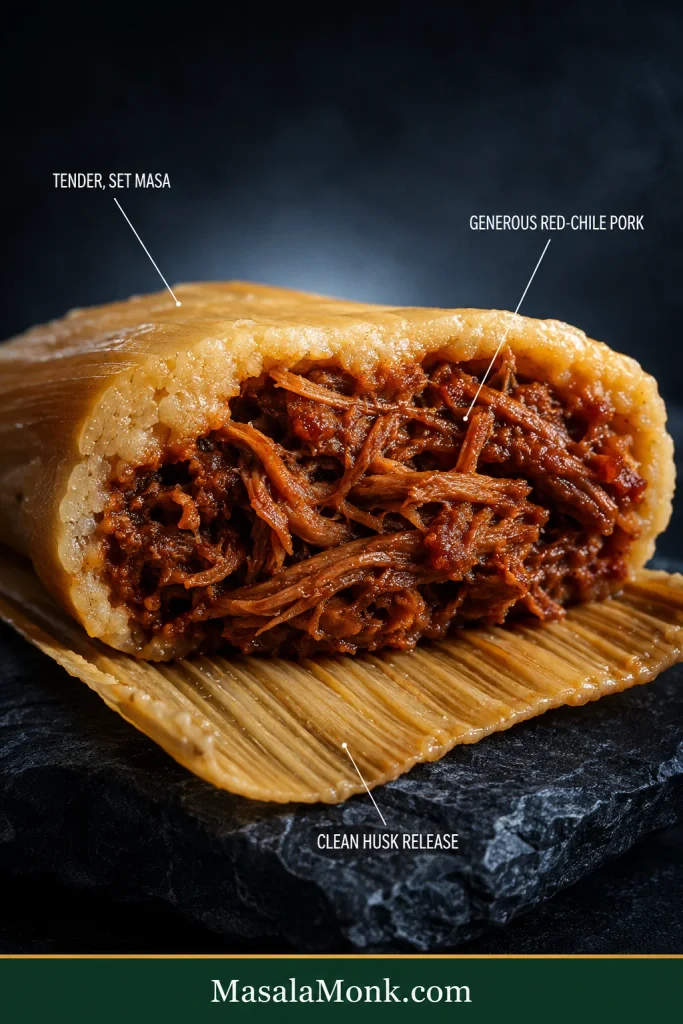 Close-up cross-section of a pork tamale labeled to show tender set masa, generous red chile pork filling, and clean separation from the corn husk.