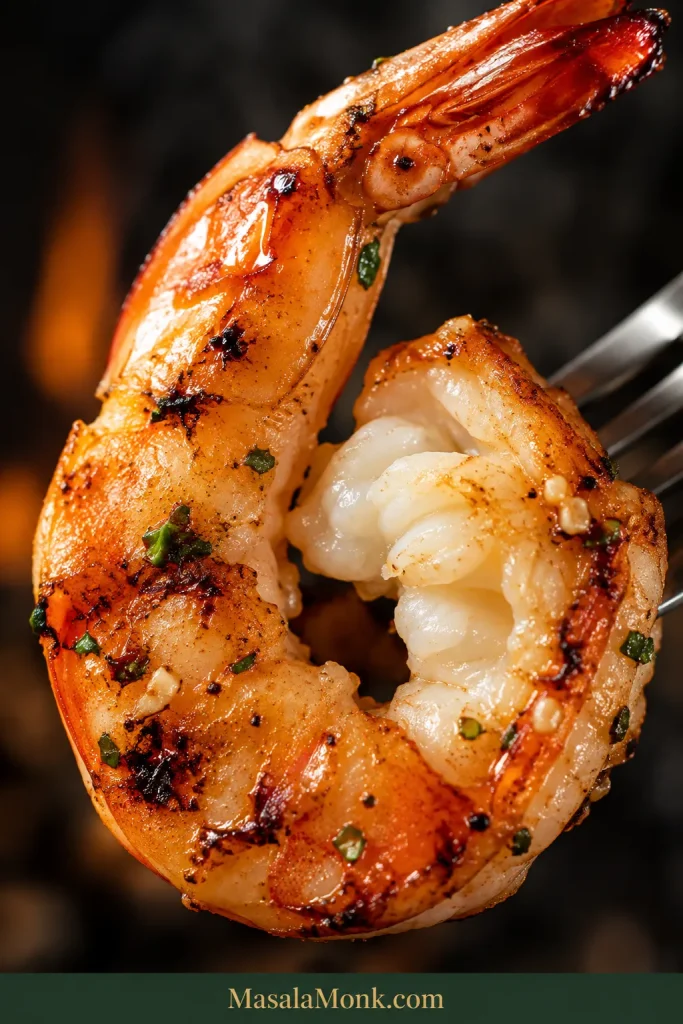 Extreme close-up of one grilled shrimp with a coral lightly charred exterior and an exposed thick center that is opaque, pearly white and moist.