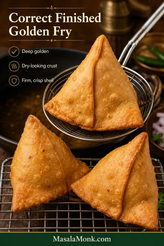 Deep-golden Punjabi samosas with firm, dry-looking crisp shells, including one freshly lifted on a wire skimmer.