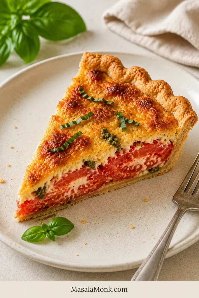 Southern tomato pie wedge with red tomato layers, browned cheese topping, flaky crust, basil, and a few small green pesto accents in the filling.