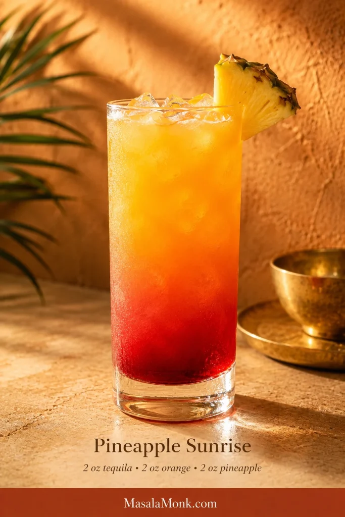 Pineapple Sunrise in a tall iced glass with a golden pineapple-orange upper layer, red base and pineapple garnish.