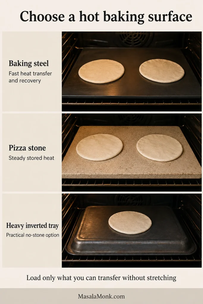 Comparison of pita rounds arranged on a baking steel, pizza stone and heavy inverted baking tray.