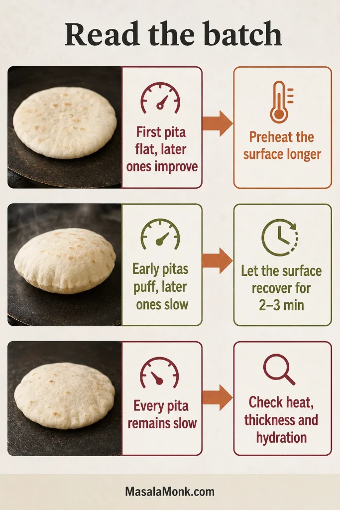 Decision guide linking a flat first pita, slowing later pitas and consistently weak puffing with different heat adjustments.