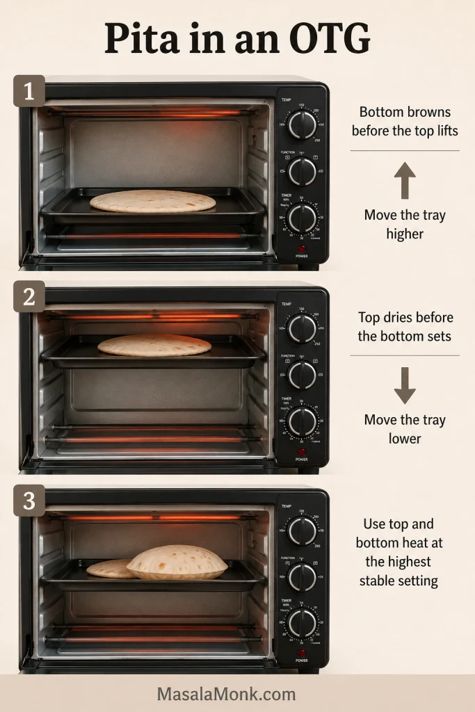 OTG guide showing higher, lower and balanced tray positions based on which side of the pita cooks first.