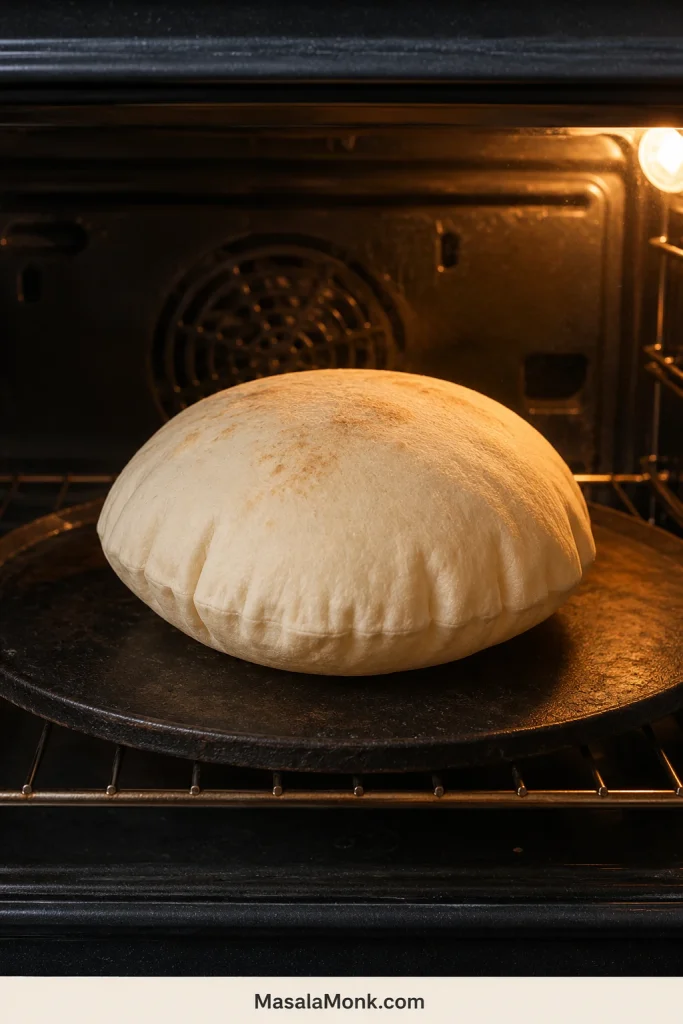 Whole pita fully inflated into a pale balloon on a dark baking surface inside an oven.