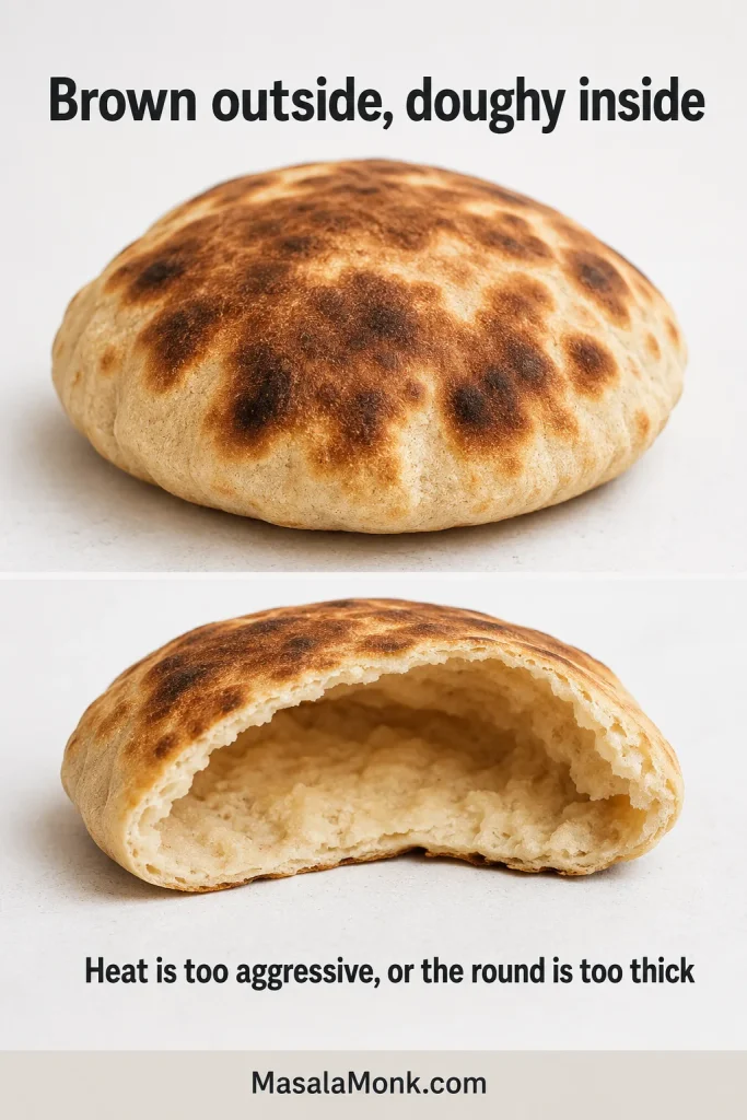 The same pita shown with strong exterior browning and a dense, damp center in its thicker section.