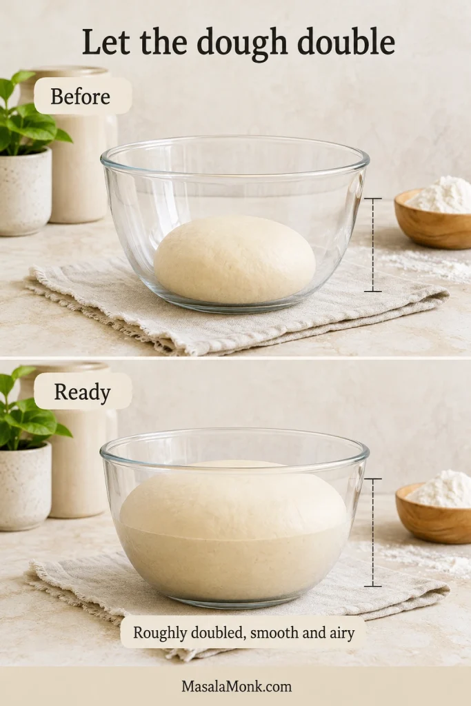 The same bowl of pita dough before proofing and after expanding to roughly twice its original volume.