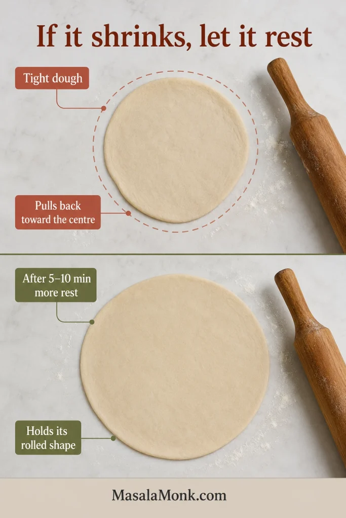Comparison of tight pita dough shrinking after rolling and relaxed dough holding its larger shape after resting.
