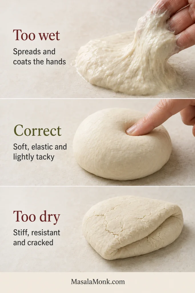 Comparison of wet pita dough coating the hands, correctly hydrated dough holding its shape and dry dough with cracks.
