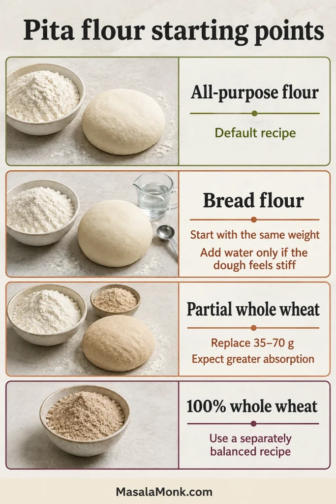 Guide showing all-purpose flour, bread flour, partial whole wheat and fully whole-wheat flour with different pita dough adjustments.
