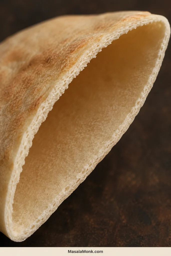 Close-up of a cut pita with two thin bread walls surrounding a continuous hollow center.