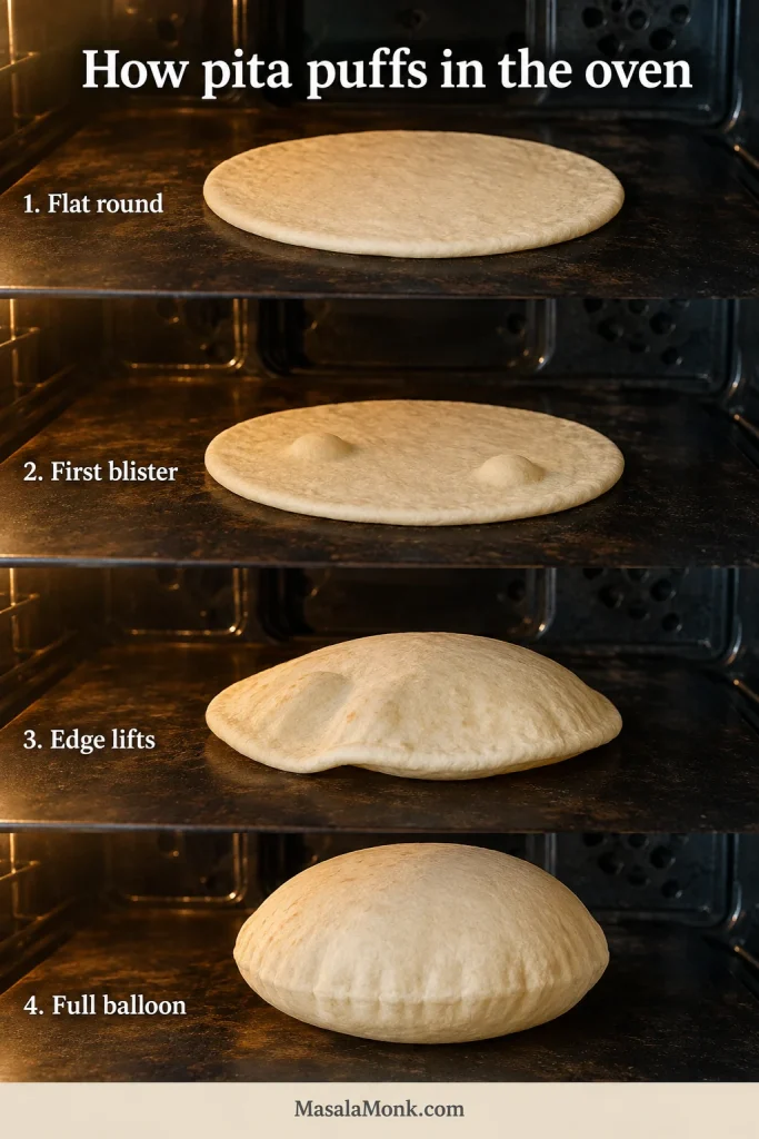 Four oven stages showing pita flat, developing blisters, lifting at one edge and inflating fully.
