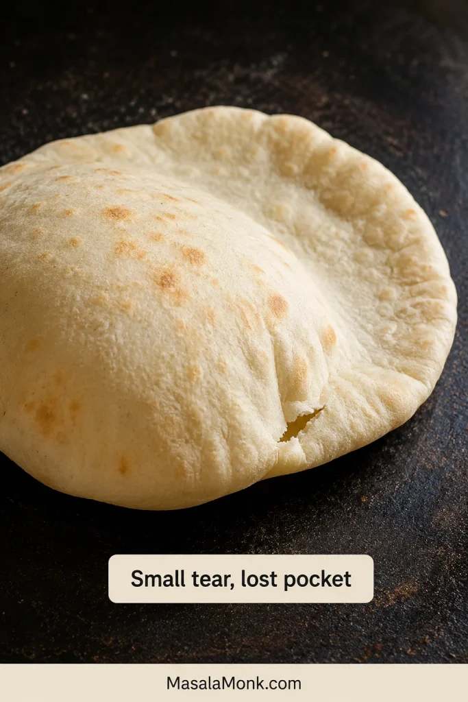 Partly inflated pita with a small tear near the rim and a flatter section beyond the damaged area.
