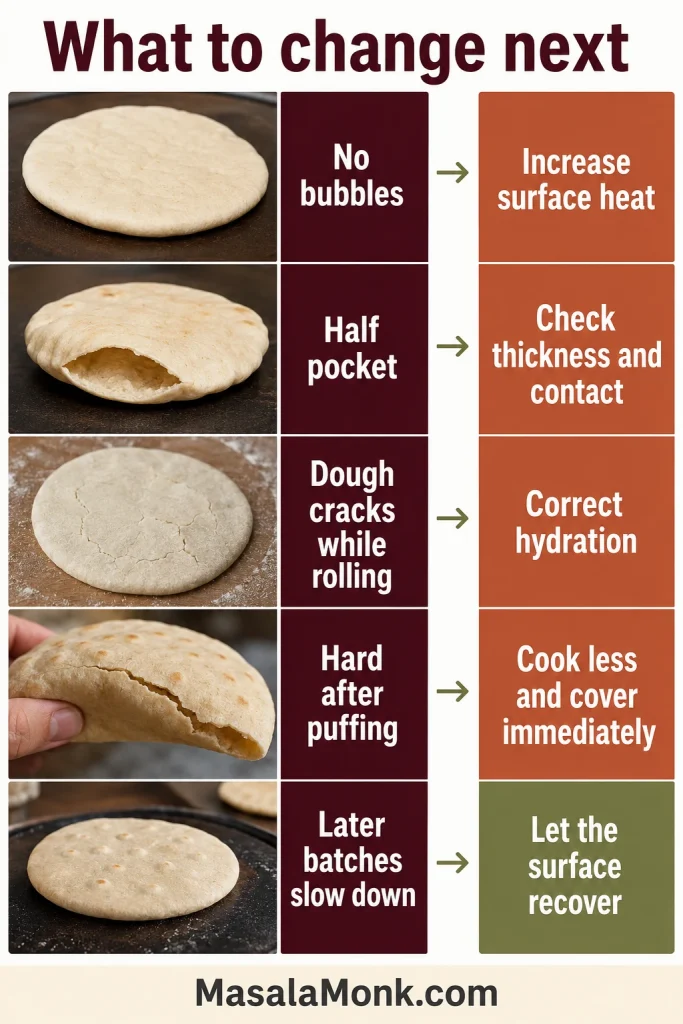 Five-row troubleshooting guide pairing visible pita problems with changes to heat, thickness, hydration, cooking time and surface recovery.