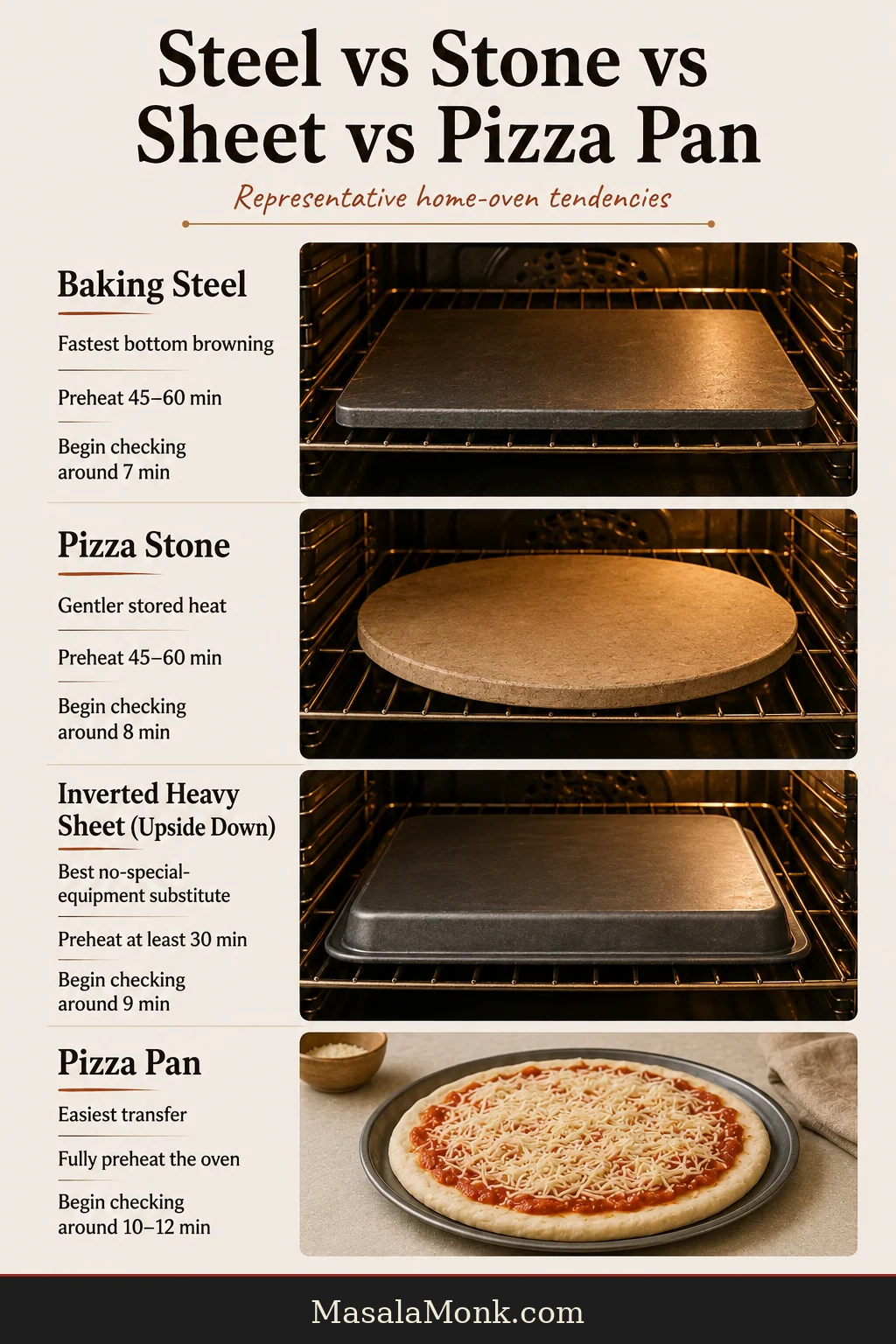 Baking steel, pizza stone, inverted heavy sheet and round pizza pan shown with their home-oven preheating and baking roles.