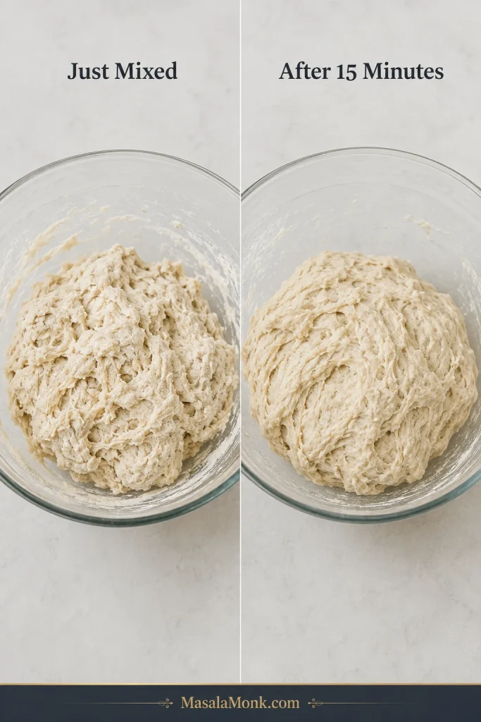 Same pizza dough in the same bowl before and after a 15-minute rest, changing from rough and shaggy to slightly more hydrated and cohesive.