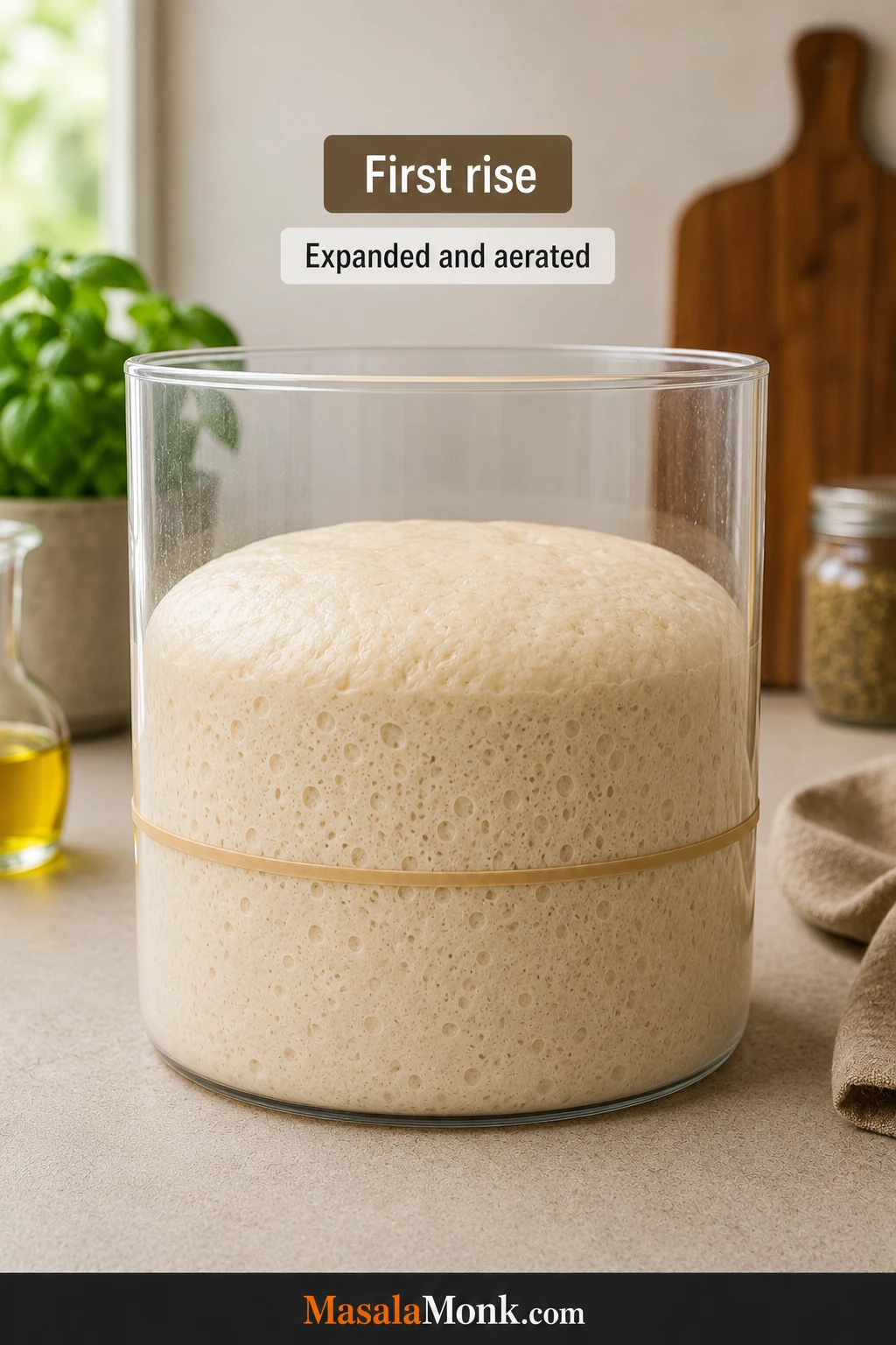 Risen pizza dough in a straight-sided container with a marked starting level, rounded aerated surface and fingertip indentation.
