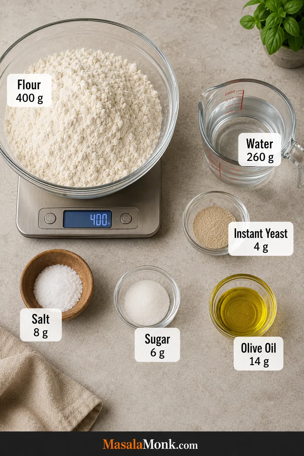 Measured pizza dough ingredients arranged in bowls, including flour, water, yeast, salt, sugar and olive oil with metric quantities.
