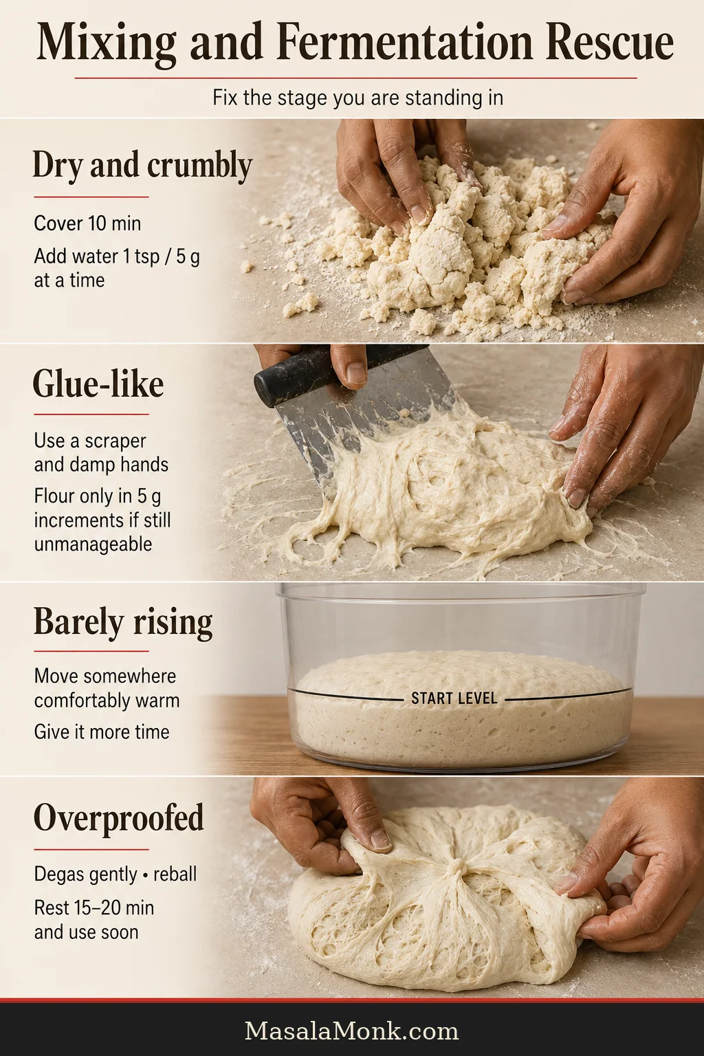 Four-part pizza dough guide showing dry crumbly dough, glue-like sticky dough, barely risen dough and fragile overproofed dough.