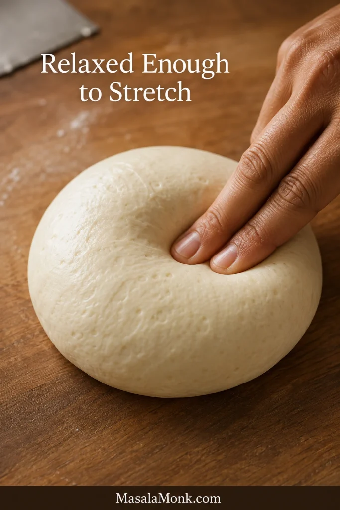 Two fingertips gently pressing a rested pizza dough ball and leaving shallow indentations in its soft surface.